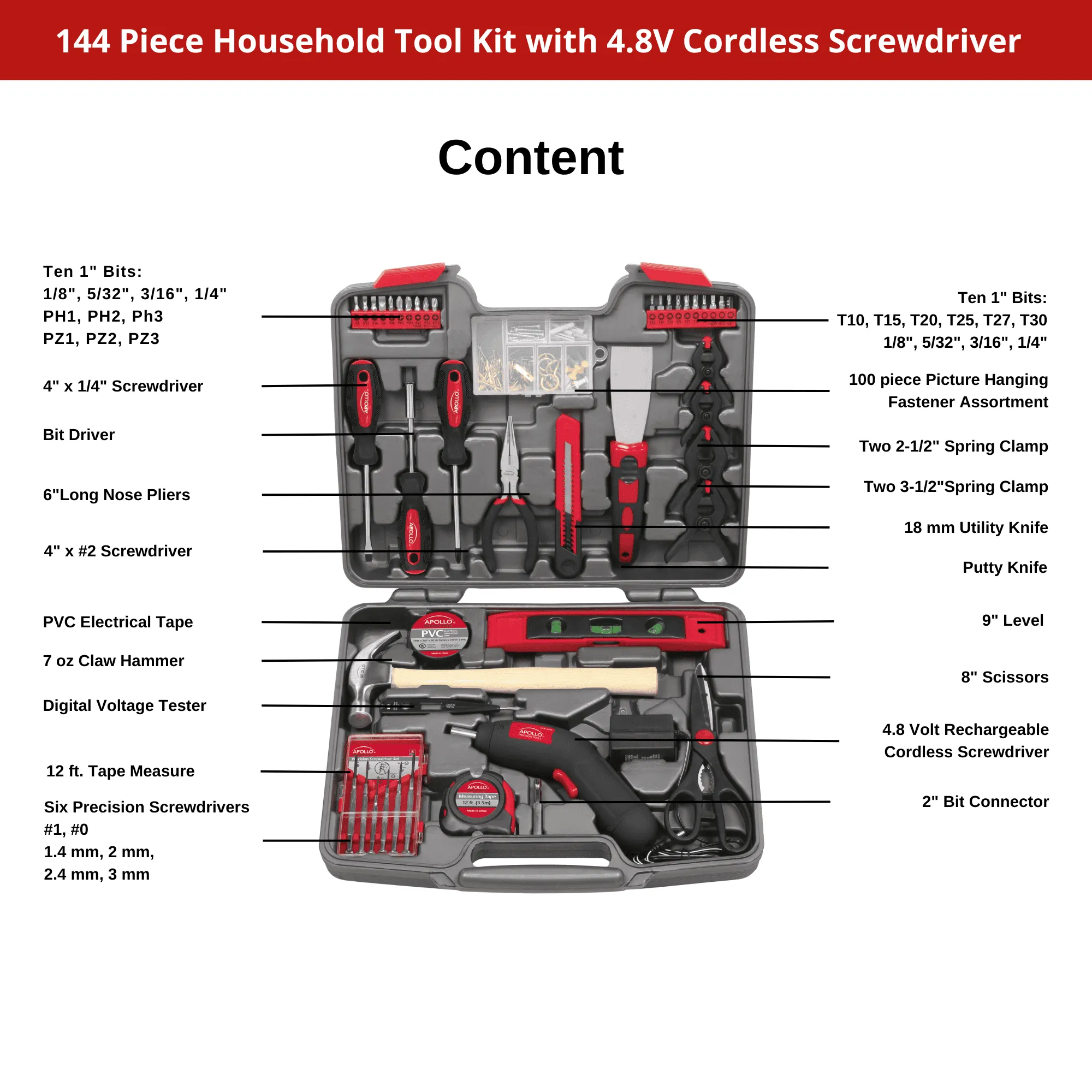 144 Piece Household Tool Kit with 4.8V Cordless Screwdriver - DT8422