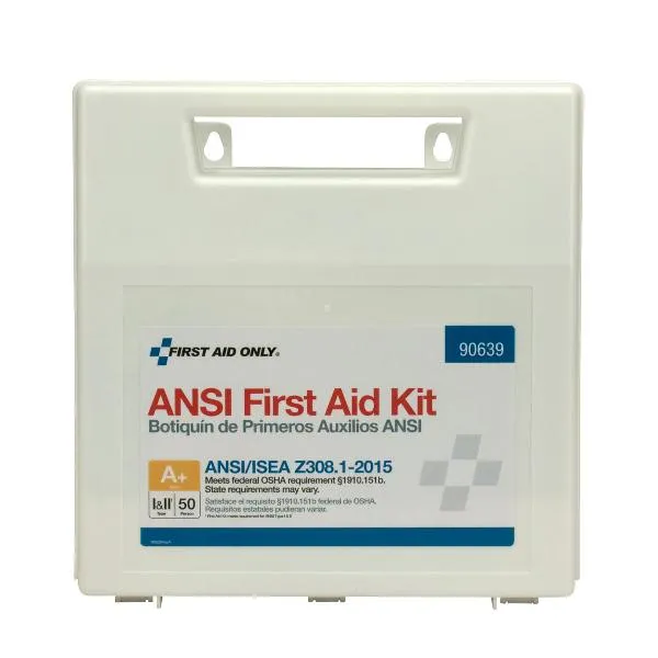 50 Person First Aid Kit, ANSI 2015 Class A , Plastic Case with Dividers