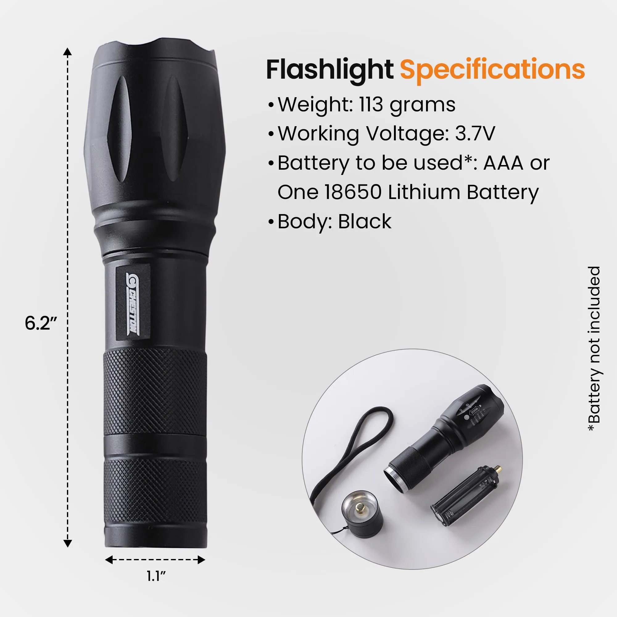 CHESTON LED Flashlight White Light | Compact | 300 Lumen | 50m Range | 6 - Month Manufacturing Warranty | Multiple Mode Full - Med - Low - Flash - SOS | Water Resistant IPX4