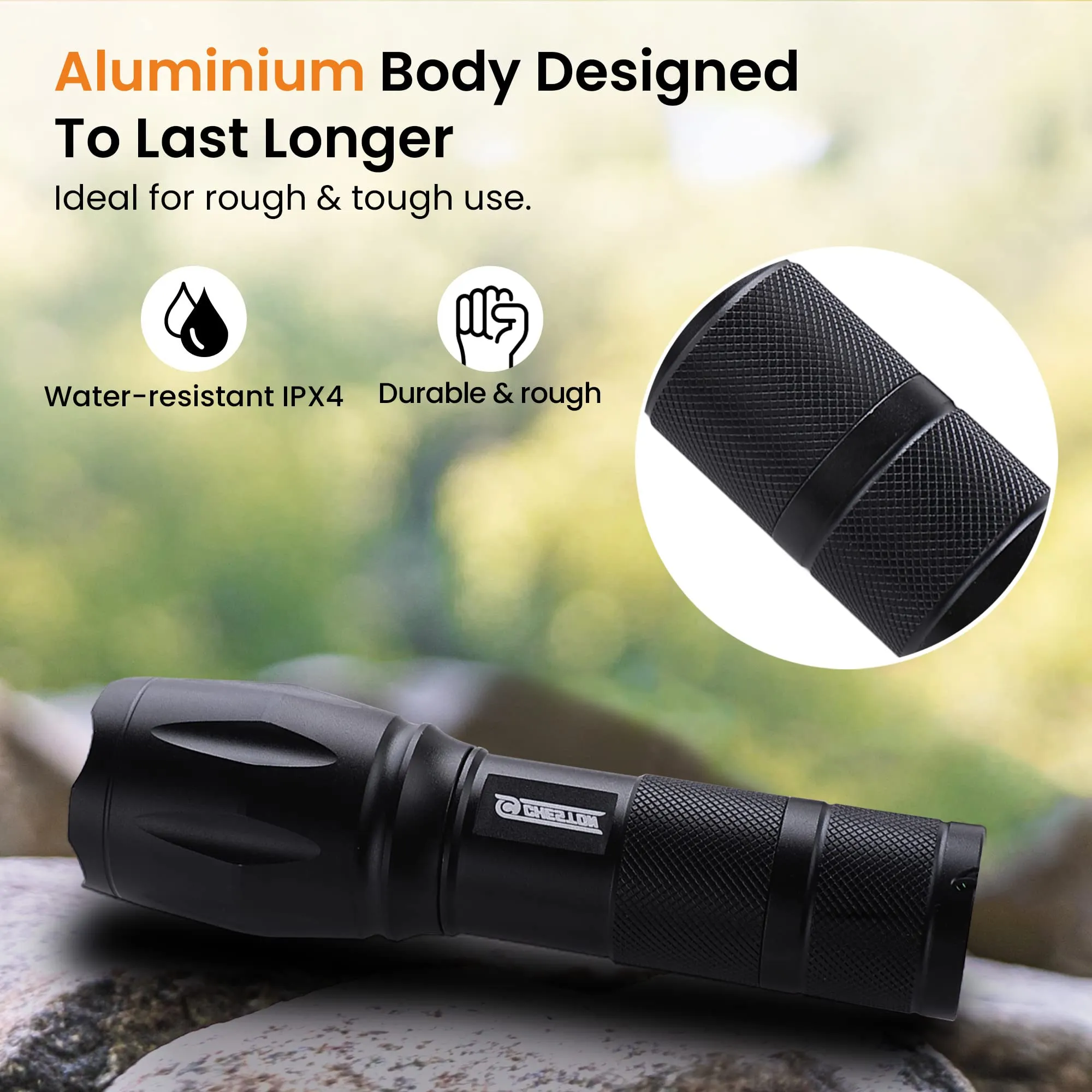 CHESTON LED Flashlight White Light | Compact | 300 Lumen | 50m Range | 6 - Month Manufacturing Warranty | Multiple Mode Full - Med - Low - Flash - SOS | Water Resistant IPX4