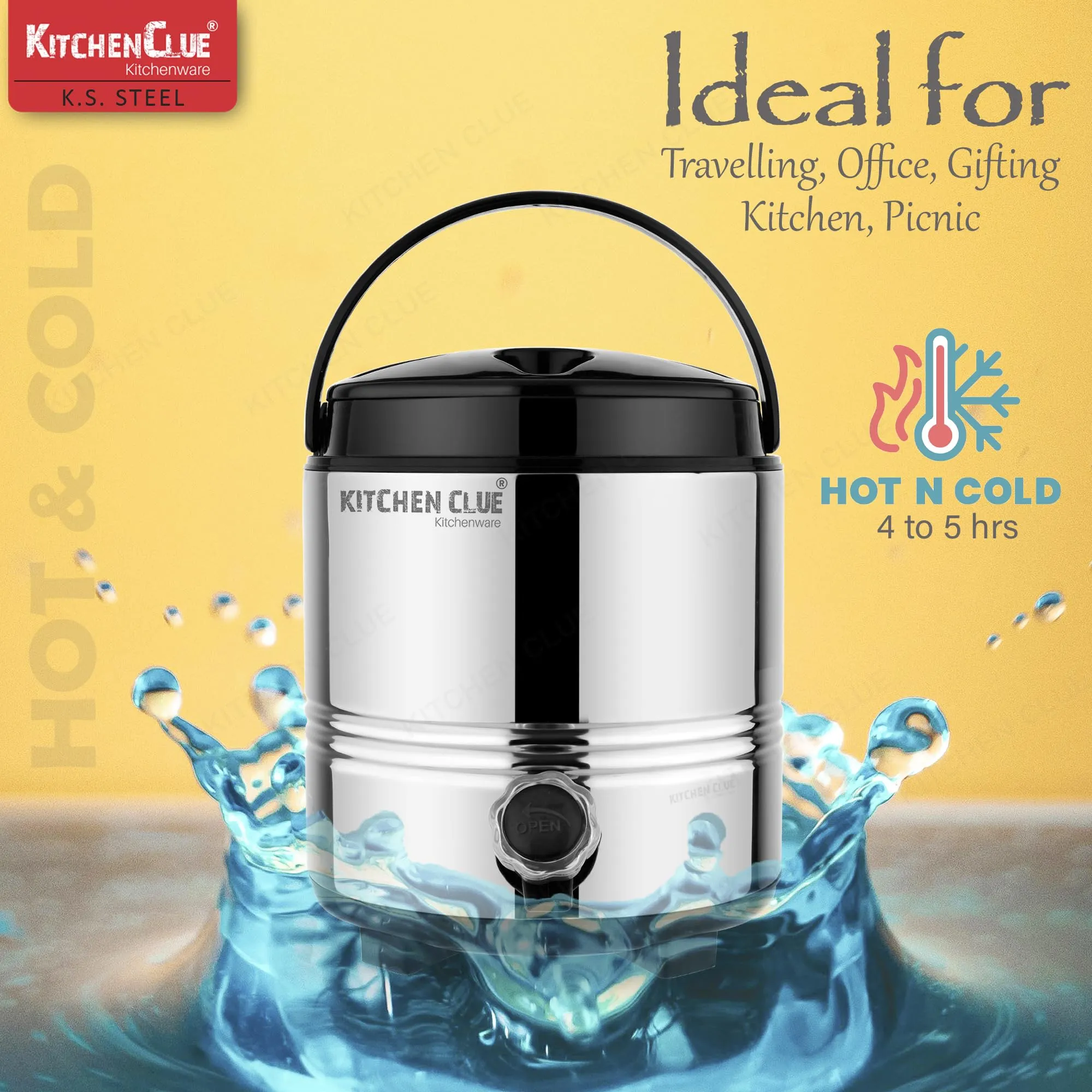 KITCHEN CLUE Stainless Steel PUF Insulated Water Jug with Leak Proof Tap - 5 Liters, Silver - Double Walled Vaccum Thermos Water Bottled/Jug - Keeps Water/Tea hot and Cold Upto 4-5 Hours, Durable