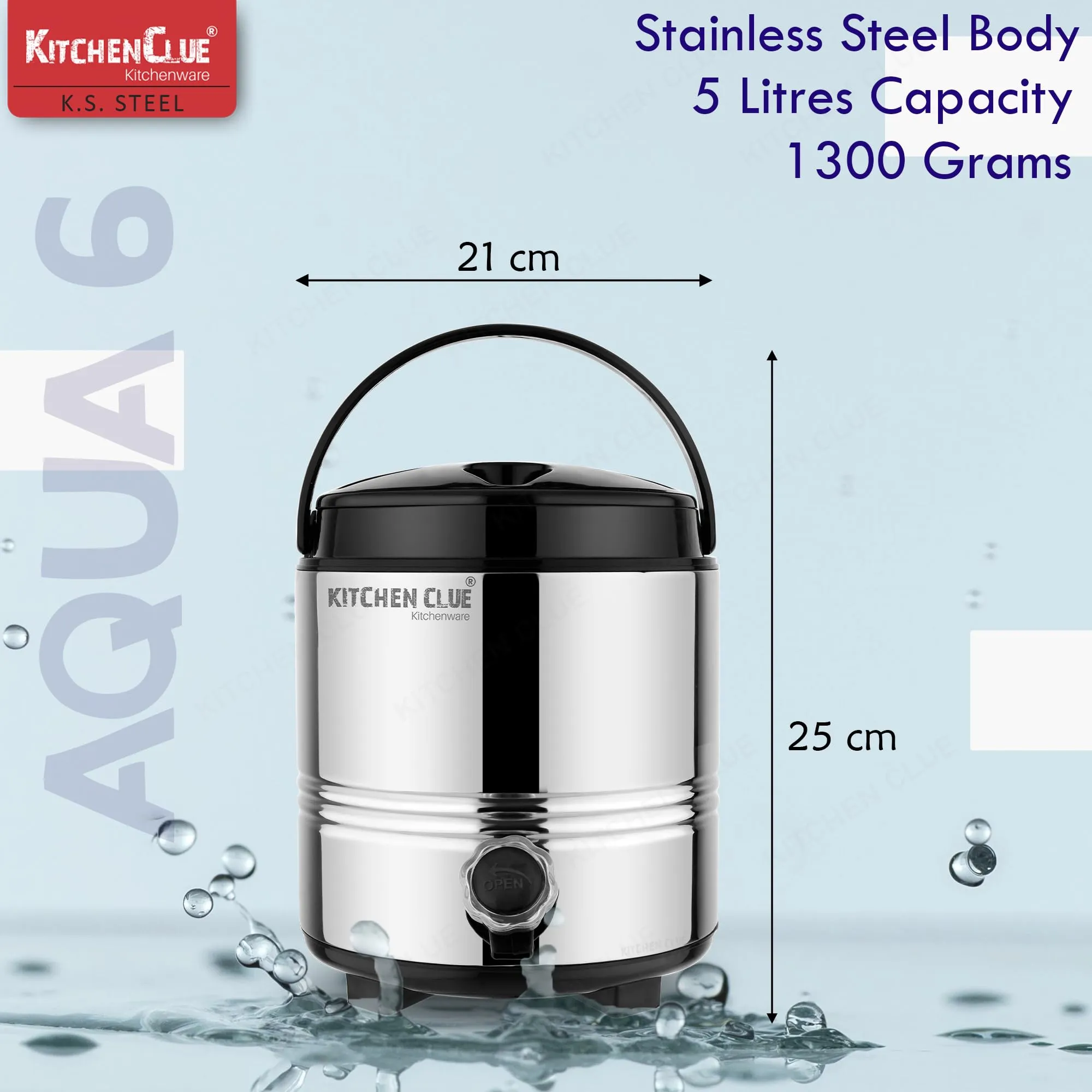 KITCHEN CLUE Stainless Steel PUF Insulated Water Jug with Leak Proof Tap - 5 Liters, Silver - Double Walled Vaccum Thermos Water Bottled/Jug - Keeps Water/Tea hot and Cold Upto 4-5 Hours, Durable