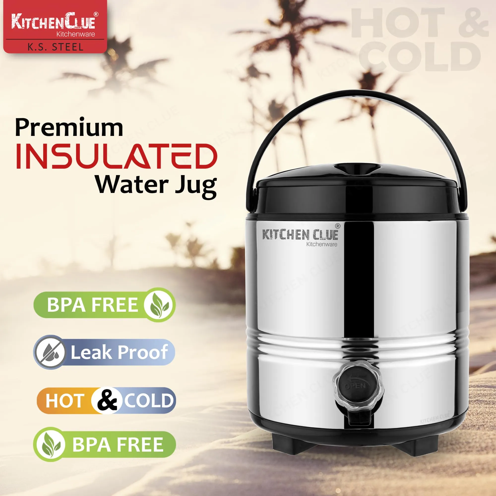 KITCHEN CLUE Stainless Steel PUF Insulated Water Jug with Leak Proof Tap - 5 Liters, Silver - Double Walled Vaccum Thermos Water Bottled/Jug - Keeps Water/Tea hot and Cold Upto 4-5 Hours, Durable