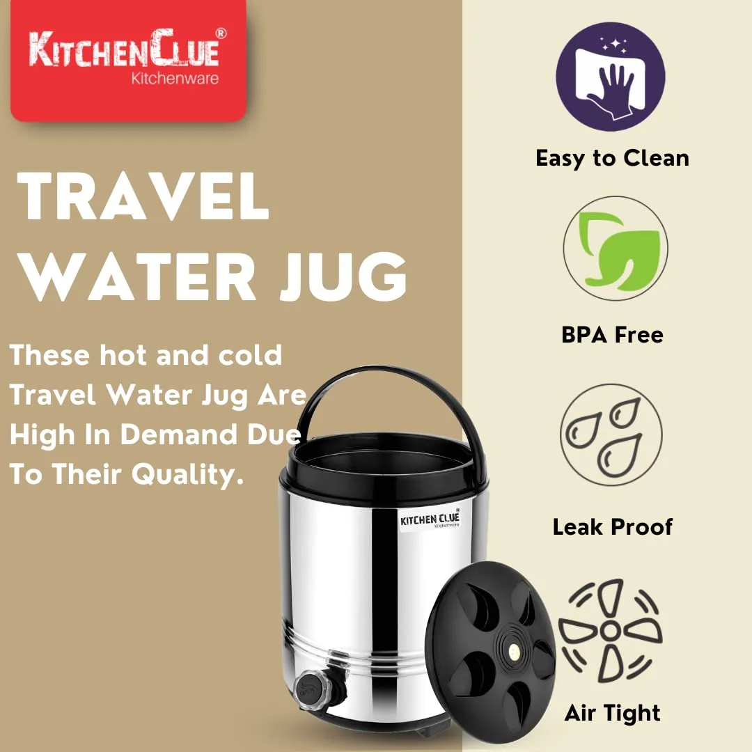 Kitchen Clue Stainless Steel Travel Water Jug with Handle, 8 Liter I PUF Insulated HOT & Cold Water/Tea Flask I Highly Durable & Sturdy Base I Kitchen Water Storage Containers