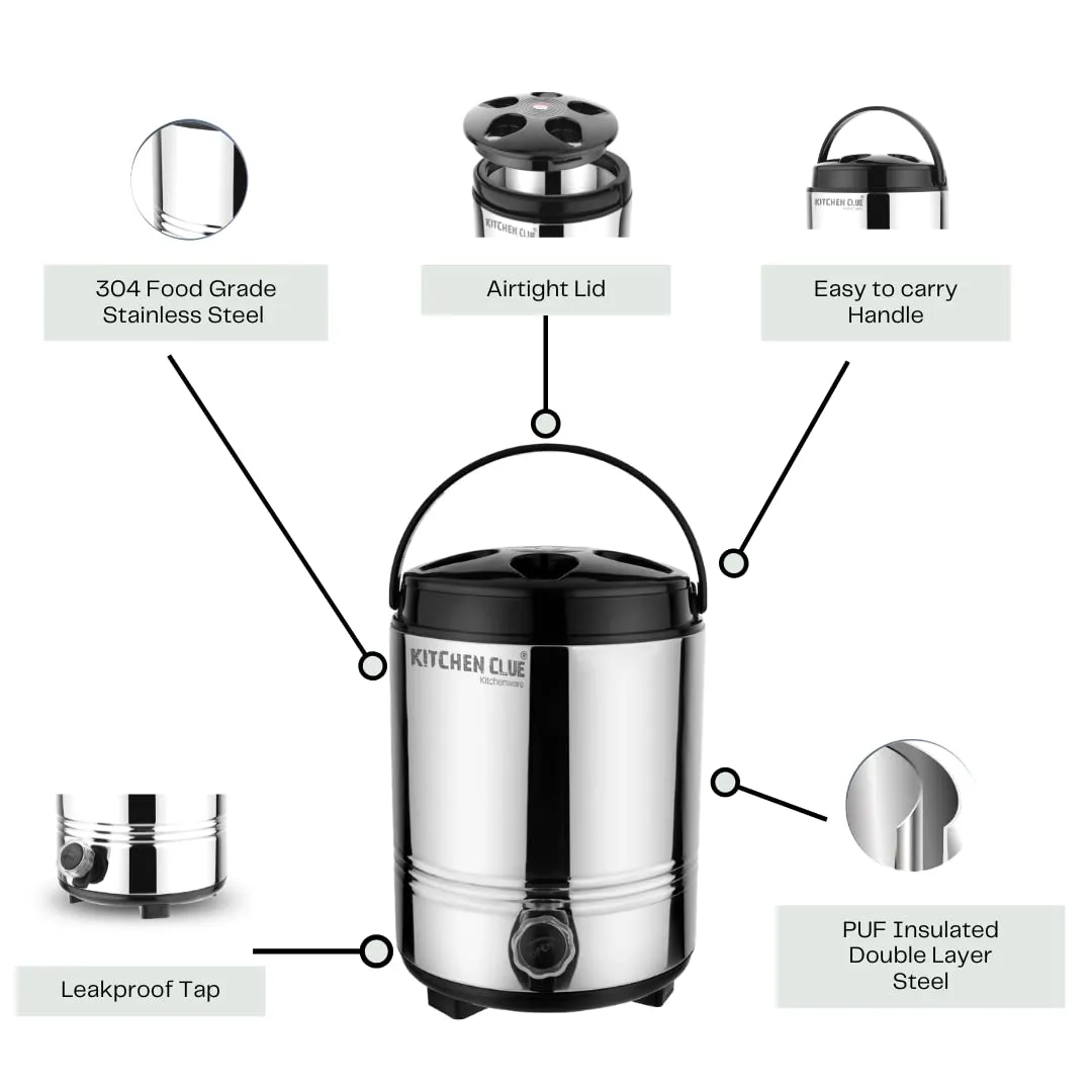 Kitchen Clue Stainless Steel Travel Water Jug with Handle, 8 Liter I PUF Insulated HOT & Cold Water/Tea Flask I Highly Durable & Sturdy Base I Kitchen Water Storage Containers