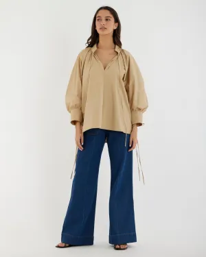 Marie Poplin Tie Blouse - Sand