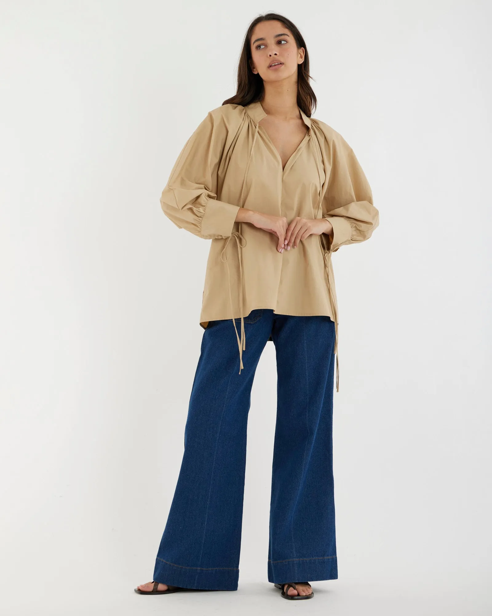 Marie Poplin Tie Blouse - Sand