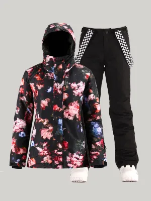 Women's Rose Waterproof Colorful Snowboard Jacket Black Pants Sets Ski Suits